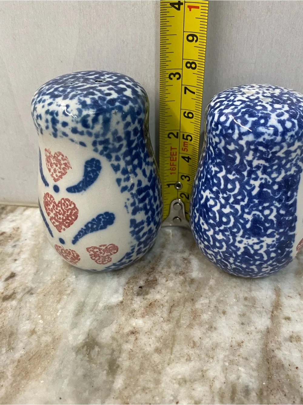 Vintage Blue Spongeware Ceramic Salt & Pepper Shakers Red Hearts Set